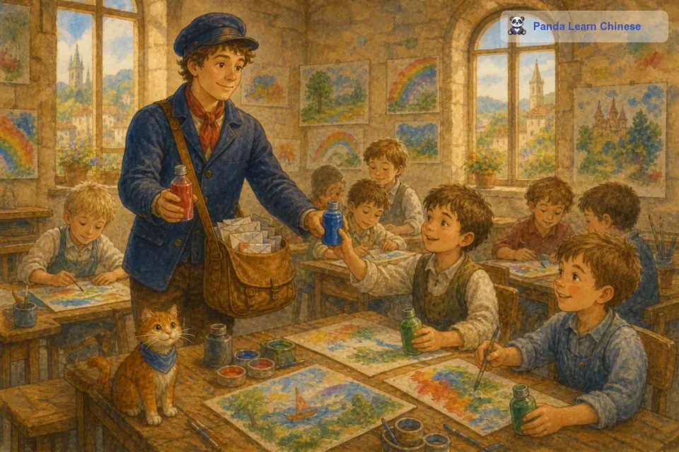 彩虹邮差接着来到了小镇的学校。学校里的孩子们正在上美术课，但是颜料好像不够鲜艳了。彩虹邮差从邮包里拿出了一些绚丽的红色、蓝色和绿色，分给了孩子们。孩子们拿着这些彩虹般的颜料，画出了一幅幅充满想象力的画作，教室里充满了欢声笑语。