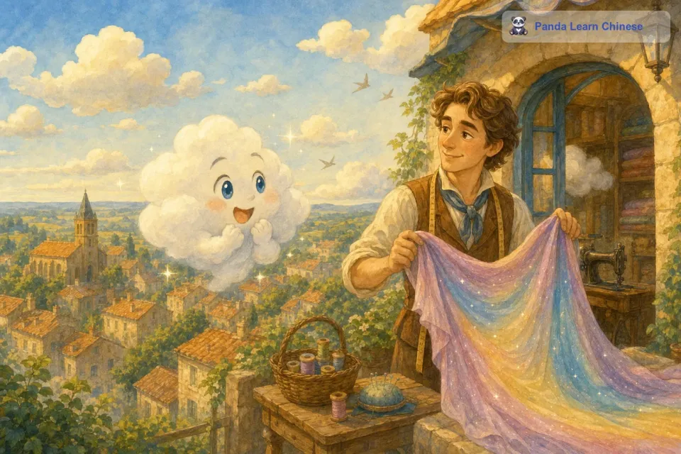 小白云看到这么漂亮的衣服，眼睛里闪烁着兴奋的光芒。它高兴地说：“这衣服真的是给我的吗？它太漂亮了！皮埃尔笑着说：“当然是给你的，快穿上试试吧。