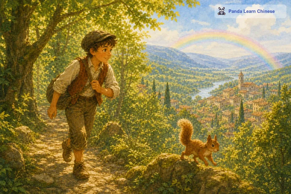 托尼笑着和小松鼠打了个招呼，小松鼠像是听懂了一样，在前面为托尼带路。托尼跟着小松鼠，感觉自己离彩虹山谷又近了一些。