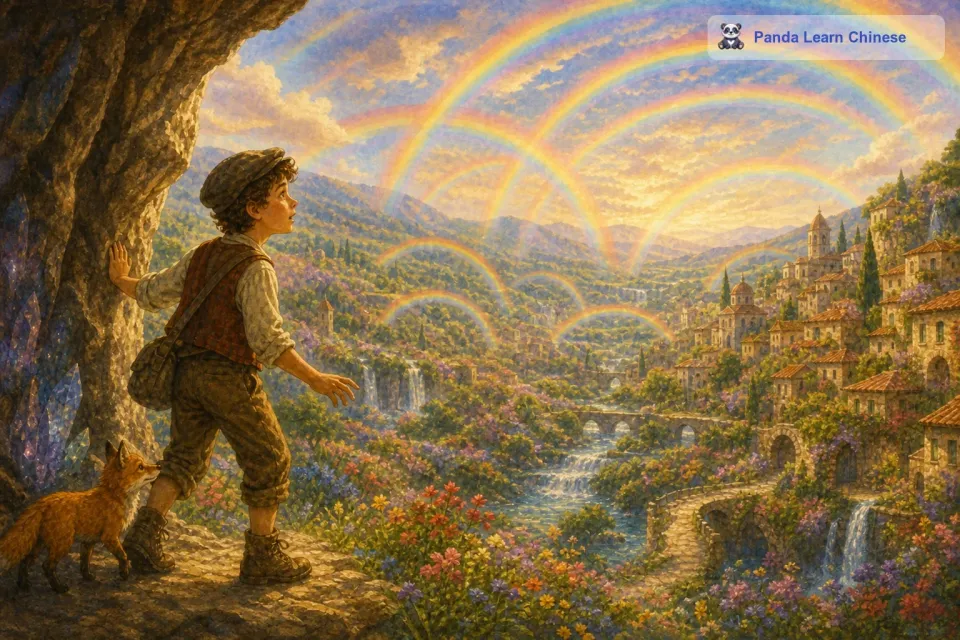 终于，托尼走出了山洞。出现在他眼前的是一片如梦如幻的彩虹山谷。天空中横跨着数不清的彩虹，各种颜色交织在一起，美得让人窒息。