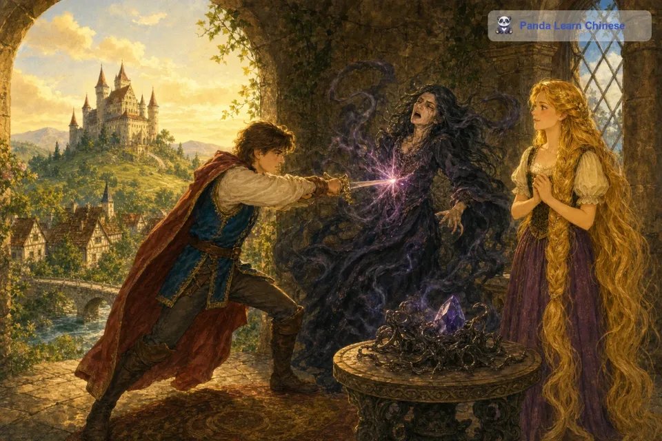 最终，王子找到了女巫魔法的破绽，他一剑刺向女巫的魔法源，破除了女巫的魔法。那囚禁长发公主的高塔也恢复了平静，所有的黑暗魔法都消失得无影无踪。