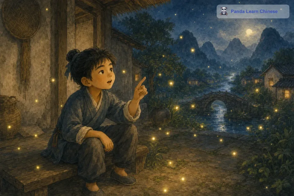 一天晚上，车胤坐在院子里，看到许多萤火虫在空中飞舞，它们身上闪烁着微弱的光芒。车胤突然灵机一动，心想：如果把这些萤火虫聚集起来，不就可以当作灯来照明读书了吗？