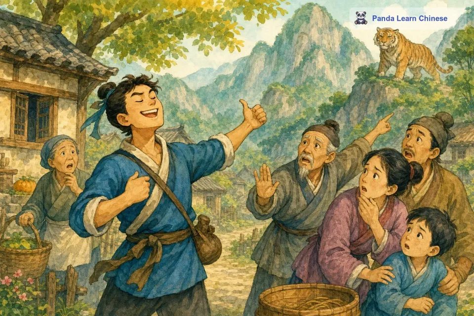 从前，有一个非常鲁莽的年轻人。他自认为自己很勇敢，什么都不怕。有一天，他听说村外的山林里有一只凶猛的老虎经常出没，伤害村民的家畜，还吓坏了路过的行人。