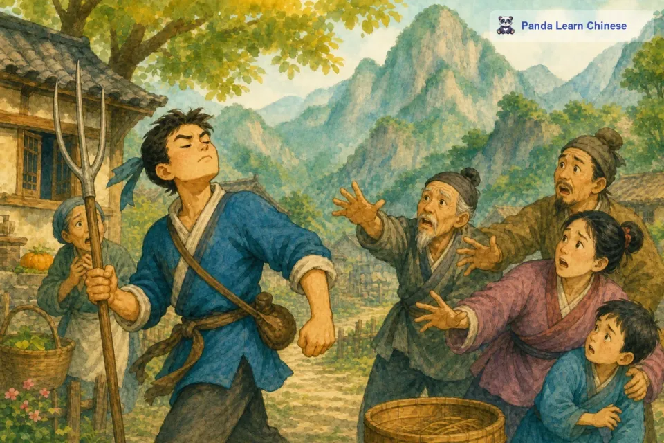 这个年轻人一听，连老虎具体在哪里，有多凶猛都没有仔细打听，也没有做任何准备，就决定要去把老虎除掉。他觉得自己力大无穷，肯定能轻松打败老虎。他拿着一把破旧的猎叉，雄赳赳气昂昂地就朝着山林的方向走去。
