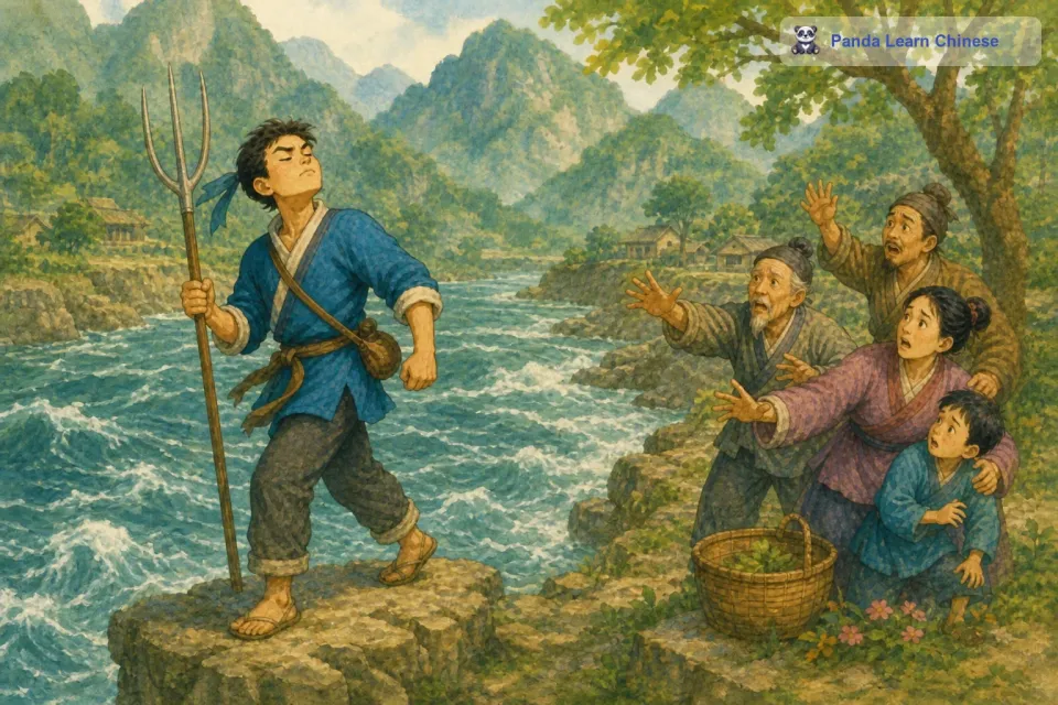 当他走到村子旁边的一条大河前时，他发现河水又深又急。可是他一心只想快点去打虎，完全不顾自己不会游泳的事实。