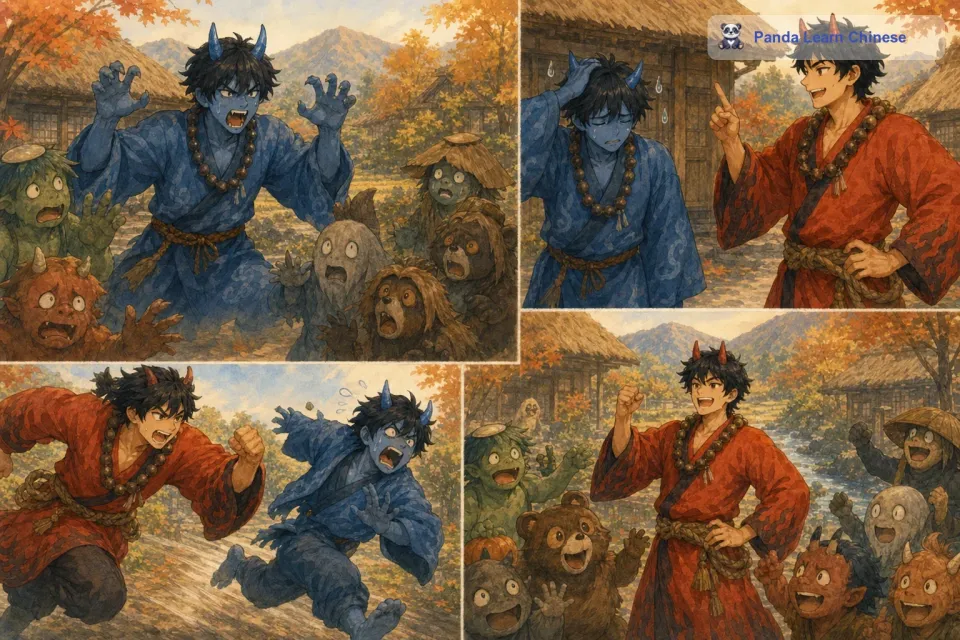 青鬼也很无奈。于是，他们商量出了一个主意。青鬼假装很凶狠地去吓唬其他妖怪，而赤鬼则在关键时刻出现赶走青鬼，这样大家就会觉得赤鬼是保护他们的，就不会害怕了。