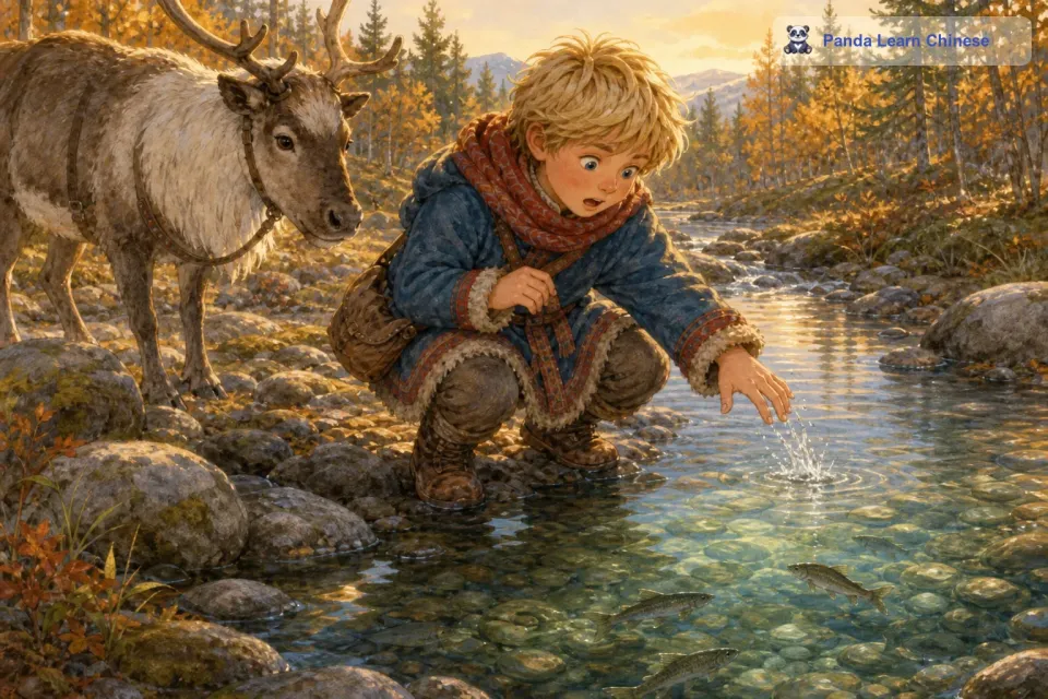 他们继续前行，遇到了一条潺潺流淌的小溪。溪水清澈见底，能看到水底的石头和游动的小鱼。奥利高兴地跑到溪边，想要伸手去捉鱼。可是冰冷的溪水让他的手一下子缩了回来。