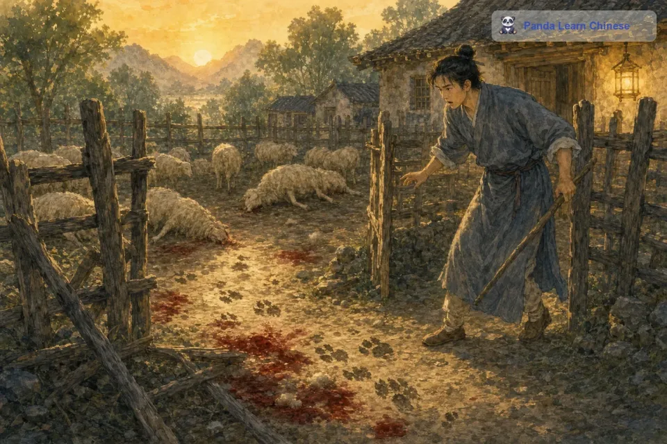第二天早上，牧羊人像往常一样去羊圈赶羊。当他看到羊圈里的情景时，惊呆了。他发现羊少了好几只，地上还有血迹和狼的脚印。