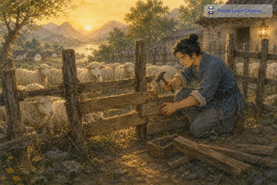 牧羊人决定马上修补羊圈。他找来了木板和钉子，开始修补那个破洞。他一边修补，一边暗暗下定决心，以后一定要更加细心，不能再这么马虎了。经过一番努力，羊圈的破洞终于被修补好了。