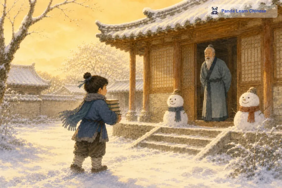 过了很久，程颐老师终于醒来了。当他推开窗户看到门外站着的杨时和游酢时，他们已经变成了两个“雪人”，身上积满了雪。程颐老师被他们这种尊师重道的精神深深地感动了。