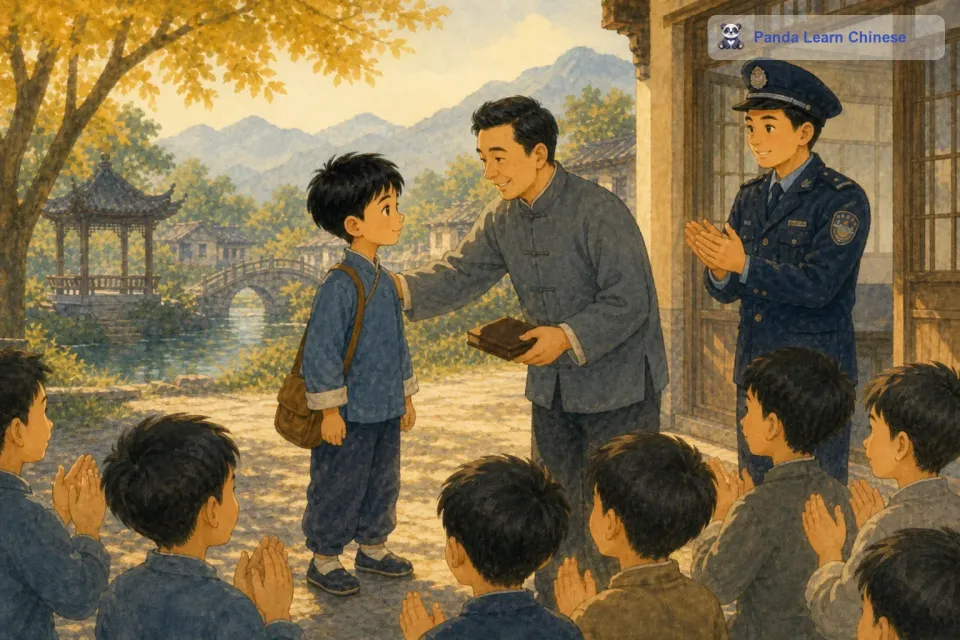后来，警察叔叔根据身份证上的信息找到了失主。失主非常感激小明，还专门到小明的学校表扬了他。从此，小明拾金不昧的故事在学校里传开了，大家都向他学习。