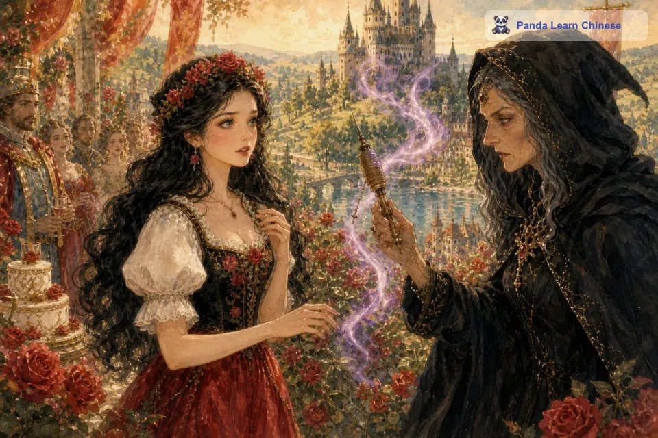然而，在公主十六岁生日那天，一个邪恶的女巫出现了。女巫嫉妒公主的美貌和幸福的生活，于是对公主下了一个恶毒的诅咒。她诅咒公主会被纺锤刺伤手指，然后陷入沉睡，只有真爱之吻才能将她唤醒。