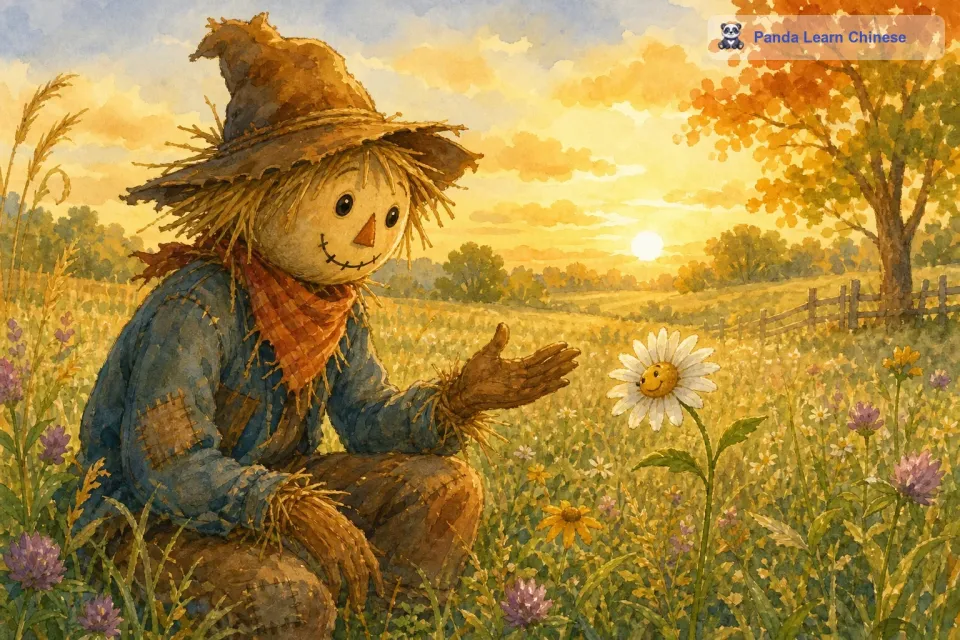 稻草人开始和田野里的花朵聊天。他对一朵盛开的雏菊说：“雏菊啊，你知道怎样才能有智慧吗？雏菊说：“我觉得感受阳光、雨露，然后把自己变得更美丽就是我的智慧。你也可以找到自己的价值，那就是你的智慧。