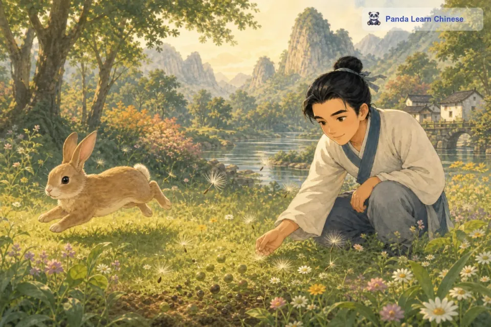 小苍耳种子兴奋极了，它看着周围的景色不断地变化。它看到了茂密的树林，看到了五颜六色的花朵。小兔子跑了很久，来到了一片新的草地。小苍耳种子觉得这里也很不错，就松开了刺，从兔子身上落了下来，在这片新的土地上安了家。