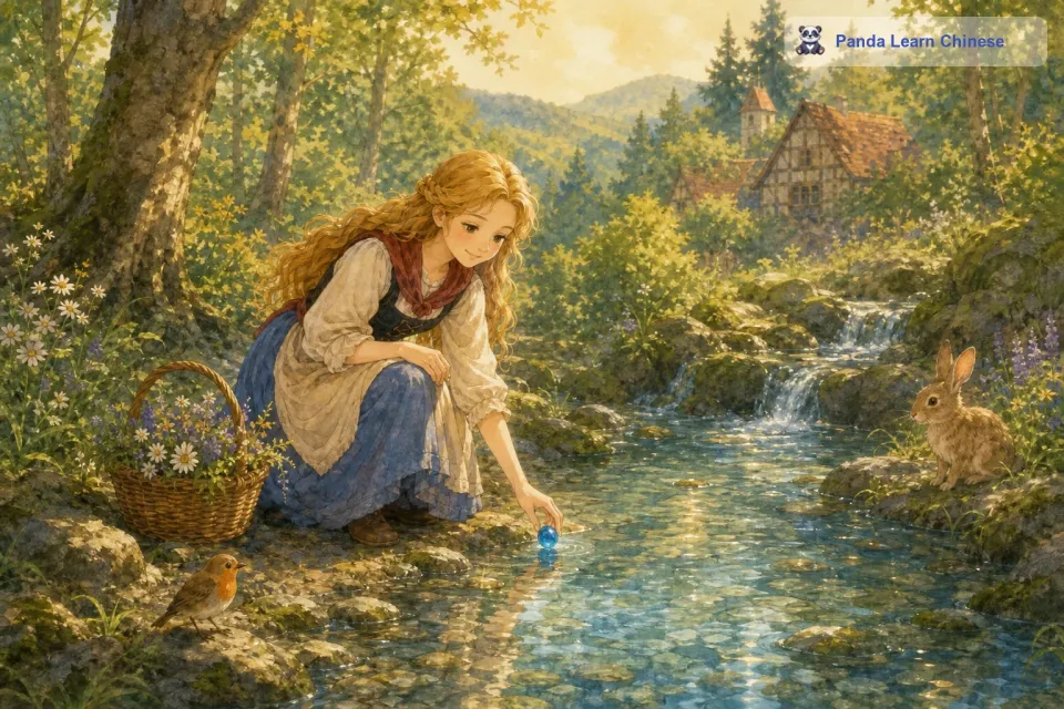 于是，小莉开始在森林里仔细寻找。经过几天的寻找，她又在一个清澈的小溪边找到了一颗蓝色的珠子，蓝色珠子如同深邃的湖水，清澈而神秘。
