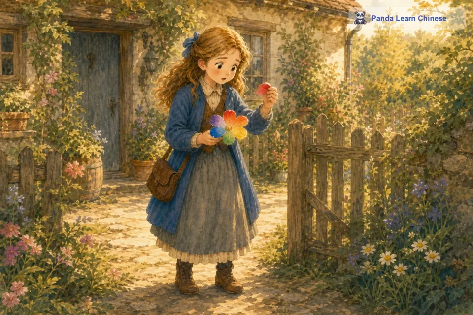 于是她摘下一片红色的花瓣，轻声说：“我想要回家。话刚说完，她就发现自己已经站在了自家的院子里，七色花果然很神奇。