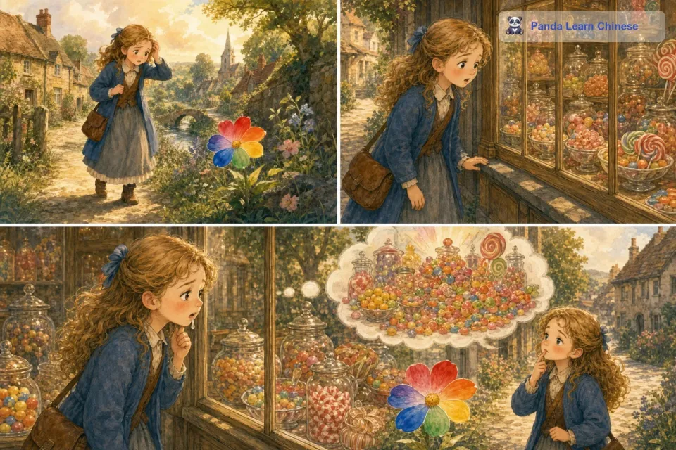 过了几天，珍妮路过一家糖果店，看到里面各种各样的糖果，她馋得直流口水。她想，如果我能有很多很多糖果就好了。