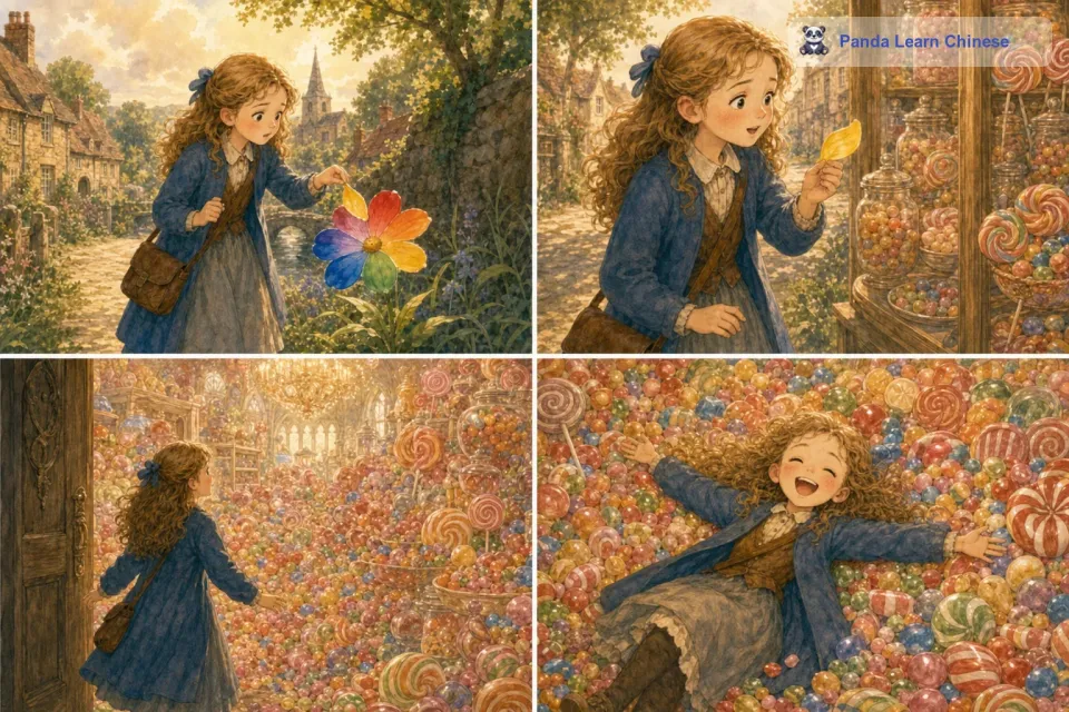 于是她摘下一片黄色的花瓣，说：“我想要一个装满糖果的房间。转眼间，她就站在了一个堆满了糖果的房间里，糖果的香气弥漫在空气中，珍妮高兴地在糖果堆里打滚。