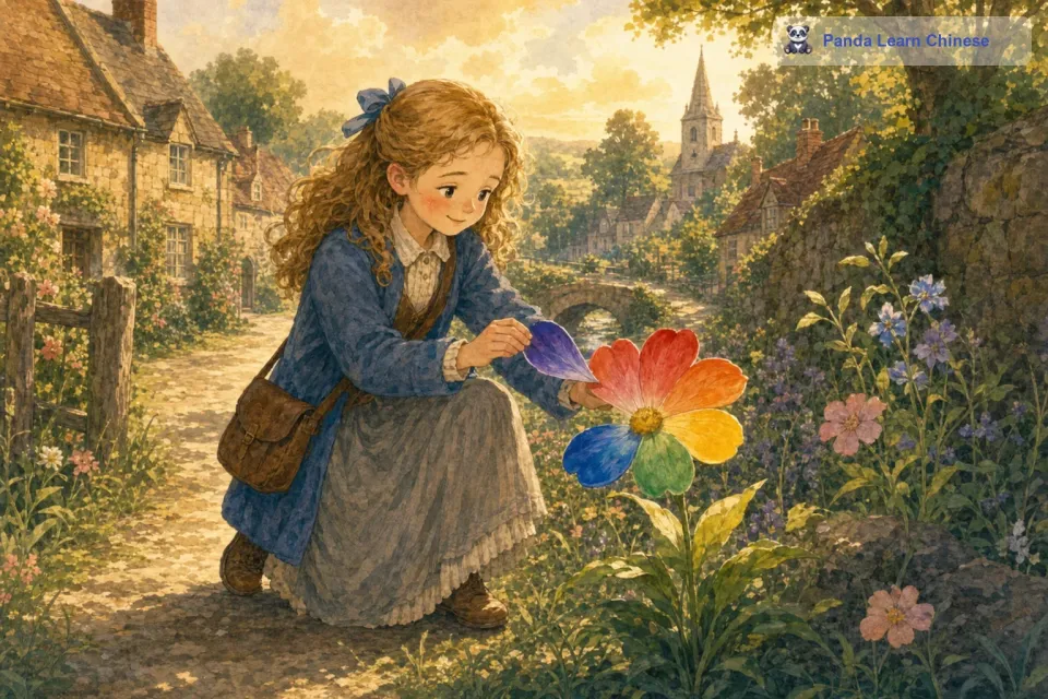 现在七色花只剩下最后一片紫色的花瓣了，珍妮想了想，她发现之前用七色花实现愿望的时候虽然很快乐，但很多时候都是因为自己的一时冲动。她决定把最后一片花瓣留下来，她轻轻摘下最后一片花瓣，然后把它插回了七色花生长的地方，她希望这朵神奇的七色花能够继续生长，给更多有需要的人带来希望和快乐。从那以后，珍妮学会了珍惜身边的事物，也学会了靠自己的努力去获得想要的东西。