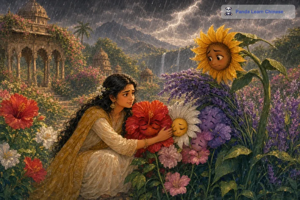 于是，在暴风雨中，红玫瑰和小雏菊紧紧地靠在一起，其他的花朵们也纷纷靠拢，它们互相支撑着。紫色的薰衣草用自己的枝叶为旁边娇嫩的花朵遮风挡雨，黄色的向日葵用自己强壮的茎干为弱小的花朵抵挡狂风。