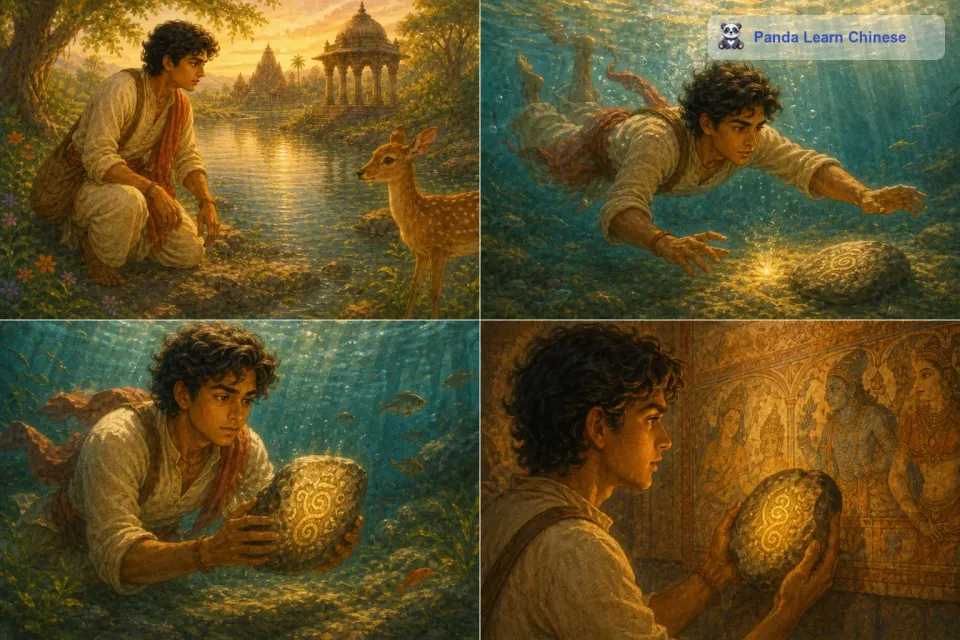 阿俊看到湖底有一个闪闪发光的东西。他不顾湖水的寒冷，潜入湖中。在湖底，他发现了一块刻有奇怪符号的石头，这个符号似乎和庙宇壁画上的某个部分相呼应。阿俊觉得这是找到七色彩石的重要线索。他小心翼翼地把石头带上岸，仔细研究上面的符号。