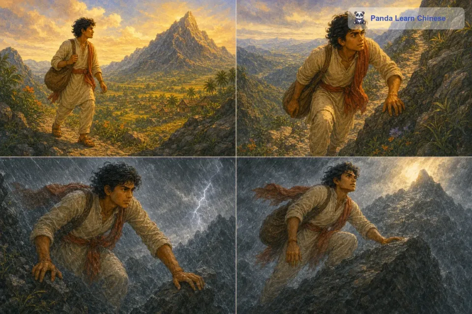 经过一番思索，阿俊认为这个线索指向村子后面的那座高山。于是，他开始向高山进发。登山的路非常陡峭，但阿俊心中充满了希望，他一步一步地向上攀登。在攀登的过程中，他遇到了狂风和暴雨，但他始终没有放弃。