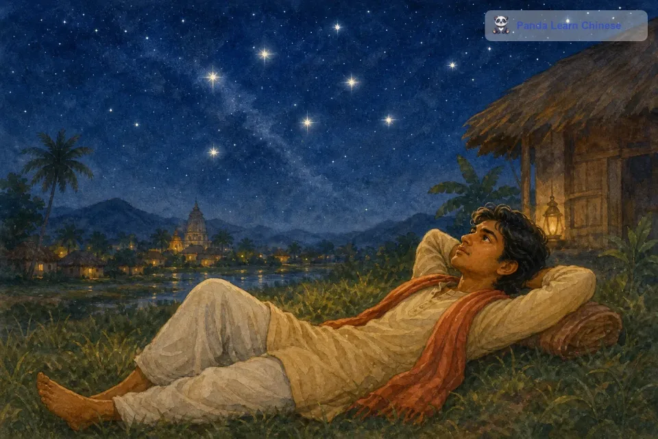 在这个村庄里，有一个聪明伶俐的小男孩，名叫拉杰。拉杰对天空中的星星充满了好奇，每当夜晚来临，他总是躺在村子外的草地上，仰望着星空，试图数清那些闪烁的星星。