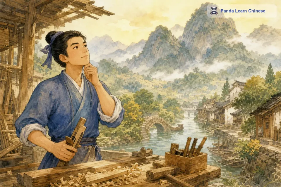 从前，有一个年轻的小工匠，他觉得自己的手艺非常了不起。他听闻鲁班是木匠的祖师爷，手艺精湛无比，无人能及。这个小工匠心中却有些不服气，心想：“我虽然没有见过鲁班，但是我的手艺也不差，说不定还能超过他呢。