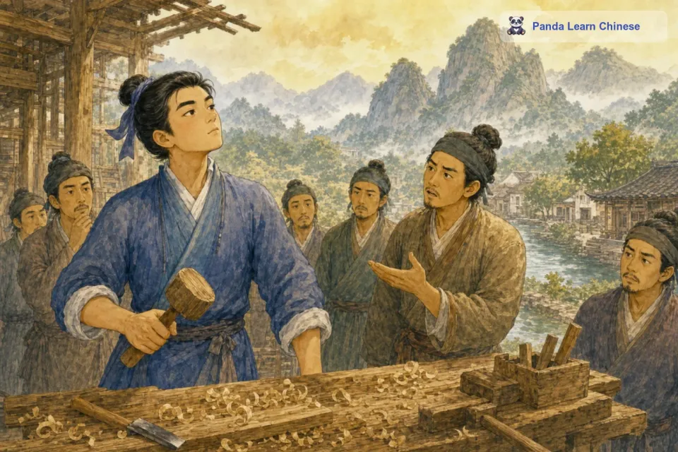 其中一个弟子好心地对小工匠说：“你可知道这是谁的地方，鲁班大师的技艺可是登峰造极的，你这样做不太合适吧。小工匠却不以为然，他说：“我才不管什么鲁班不鲁班的，我只相信自己的手艺。