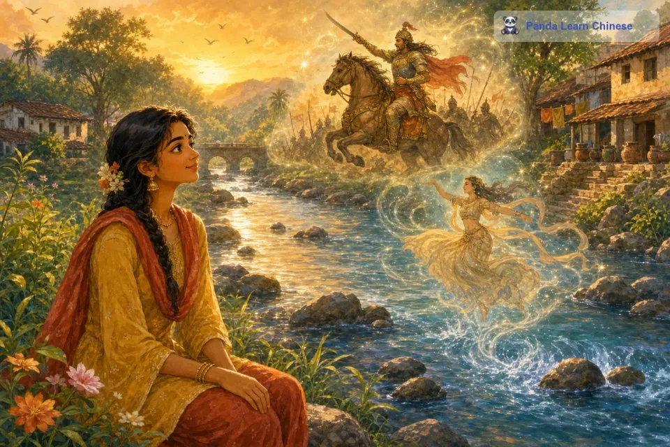 河流的歌声里仿佛藏着无数的故事。有时候，歌声像是在诉说着古老的传说，那些关于神灵和英雄的故事。拉朱听着听着，仿佛能看到英勇的战士骑着马在战场上驰骋，又仿佛能看到美丽的仙女在天空中翩翩起舞。