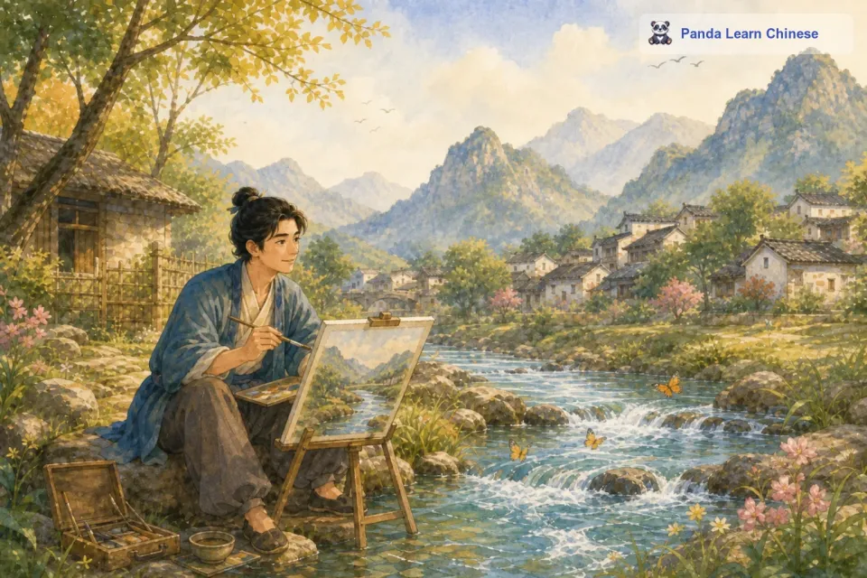 有一天，一个小画家来到了小溪边。他被小溪的歌声吸引住了，于是他决定把小溪画下来。小画家坐在溪边，一边听着小溪唱歌，一边用画笔描绘着眼前的美景。他把小溪的歌声也画进了画里，那画里仿佛能传出潺潺的流水声。