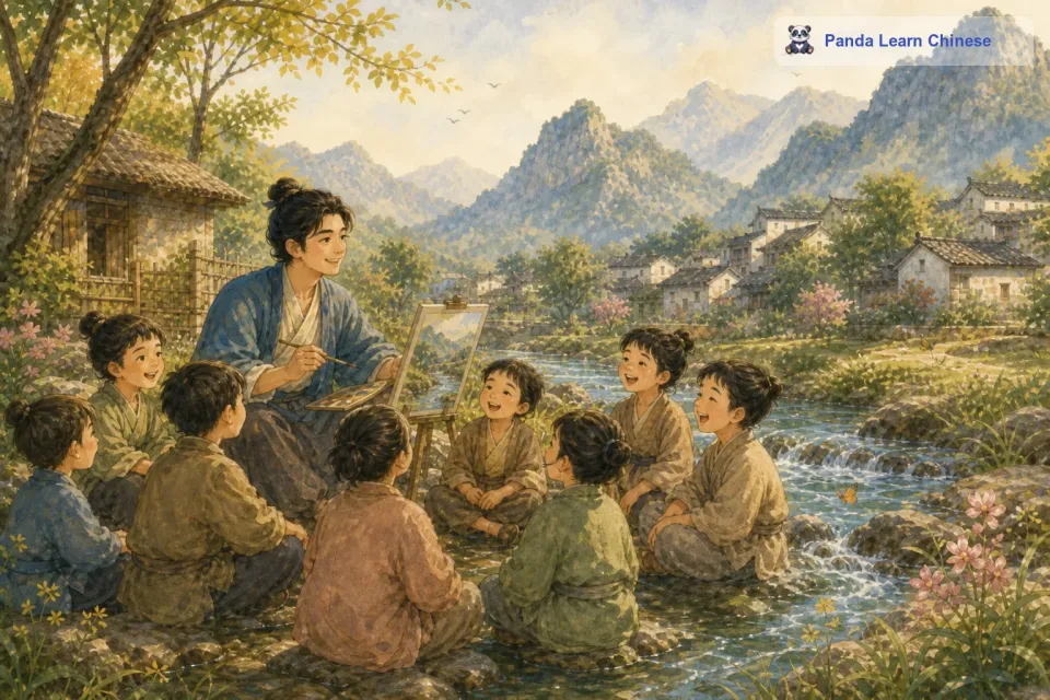 其他的小朋友们看到了小画家的画，也都被吸引了过来。他们围坐在溪边，跟着小溪一起唱歌。他们的歌声和小溪的歌声交织在一起，在整个山谷里回荡。