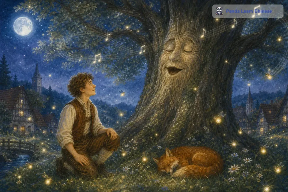 夜晚降临，森林里变得安静下来。可是这棵会唱歌的树却没有停止歌唱。月光洒在它的枝叶上，像是给它披上了一层银色的纱衣。周围的萤火虫被歌声吸引，它们提着小灯笼在树的周围飞舞。大树的歌声在夜晚听起来更加空灵，就像在诉说着古老的故事。
