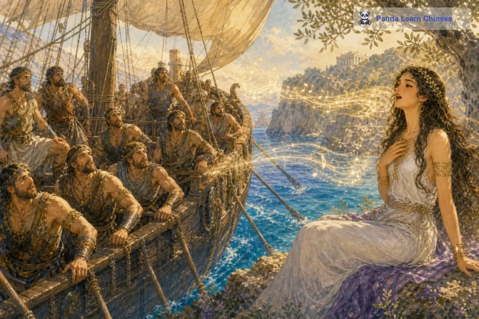 有一天，一艘装满了勇敢水手的大船在海上航行。这些水手们已经在海上航行了很久，他们又累又想家。突然，一阵美妙的歌声传来，那歌声就像有魔力一样，钻进了每一个水手的耳朵里。