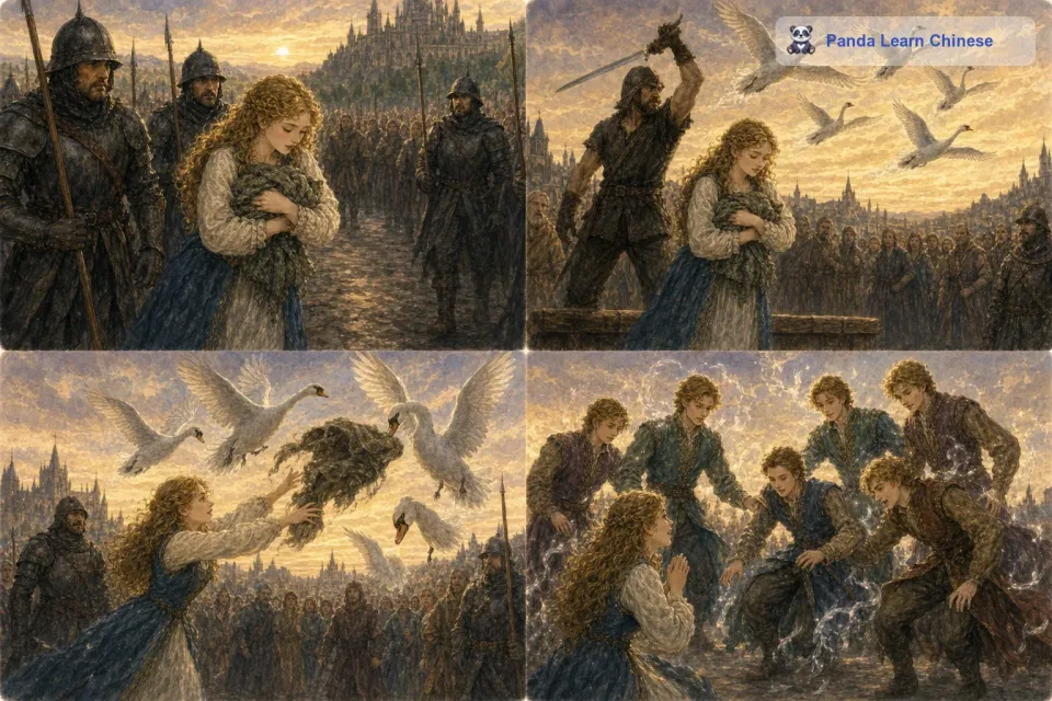 在被押往刑场的路上，她仍然紧紧抱着她编织的荨麻衣服。就在刽子手要行刑的时候，六只天鹅从天空中飞了下来。她急忙把荨麻衣服扔向天鹅，天鹅们一碰到荨麻衣服就变回了人形。
