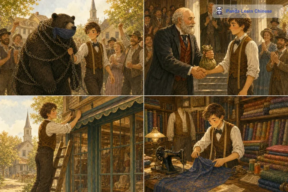 小裁缝带着野兽回到了镇上。镇上的人们看到小裁缝制服了野兽，都欢呼起来。镇长非常高兴，按照之前的承诺，给了小裁缝一笔丰厚的奖赏。小裁缝用这笔钱把自己的裁缝店扩大了，还买了更多漂亮的布料。