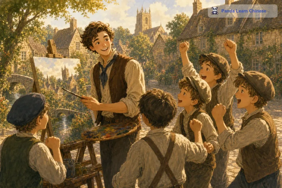 随着汤姆画笔的舞动，原本空白的画布上逐渐出现了一幅美丽的画面。孩子们看到自己熟悉的场景出现在画布上，都开心地欢呼起来。汤姆看着孩子们的笑脸，他自己的笑容也更加灿烂了。他知道，他的画能够给这些孩子们带来快乐，这就是他最想要的。