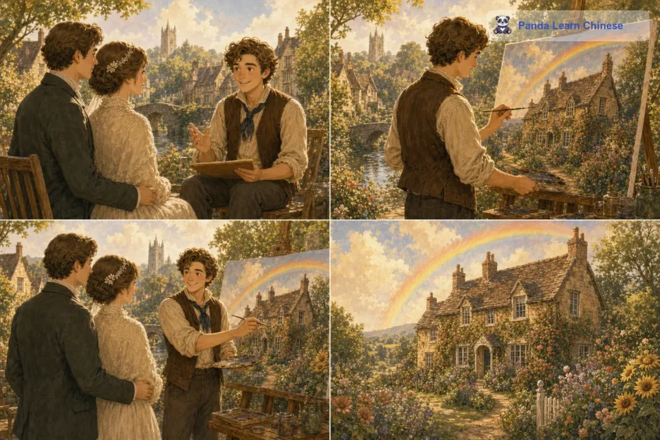 汤姆总是用心去创作每一幅画。当他为新婚夫妇画画时，他会先和他们聊天，了解他们对未来家园的憧憬。然后，他会用他那充满魔力的画笔，在画布上描绘出一座温馨的小屋，小屋周围是繁花似锦的花园，天空中还有美丽的彩虹。新婚夫妇看到这幅画时，感动得热泪盈眶，他们知道，这幅画将成为他们爱情的美好见证。