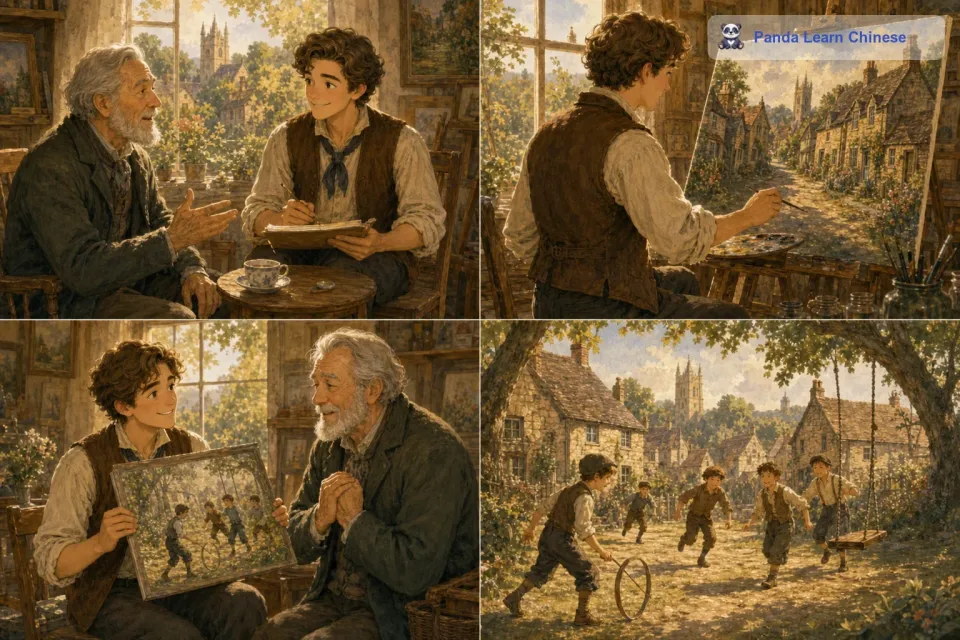 对于老人的请求，汤姆也同样用心。他会耐心地听老人讲述童年的趣事，那些久远的回忆在老人的讲述中仿佛又鲜活了起来。汤姆把老人记忆中的场景画得栩栩如生，有古老的街道、破旧的秋千，还有一群小伙伴在玩耍。当老人看到这幅画时，他的手微微颤抖着，眼里满是感动和怀念。