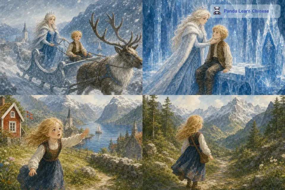突然，雪女王坐着由驯鹿拉着的雪橇出现了，她被凯眼中的冷漠所吸引，就把凯带走了，带到了她那寒冷又遥远的冰宫。格尔达发现凯不见了，非常伤心和着急。她决定踏上寻找凯的旅程，不管前方有多少艰难险阻。