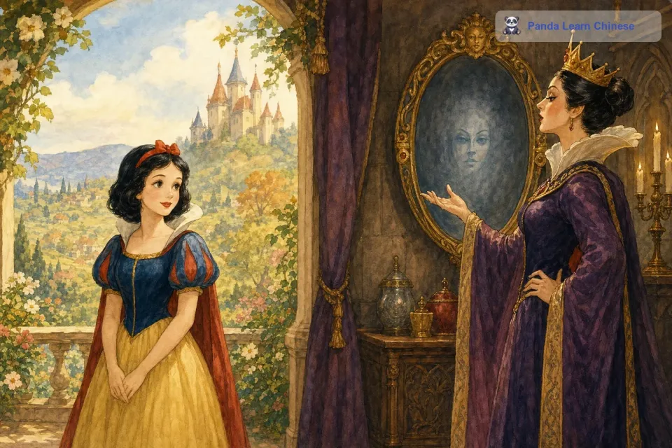 从前有一位美丽的公主，名叫白雪公主。她的继母是一个嫉妒心很强的王后，她不能忍受白雪公主比她更美丽。王后有一面魔镜，她每天都会问魔镜：“魔镜魔镜，谁是这个世界上最美丽的女人？
