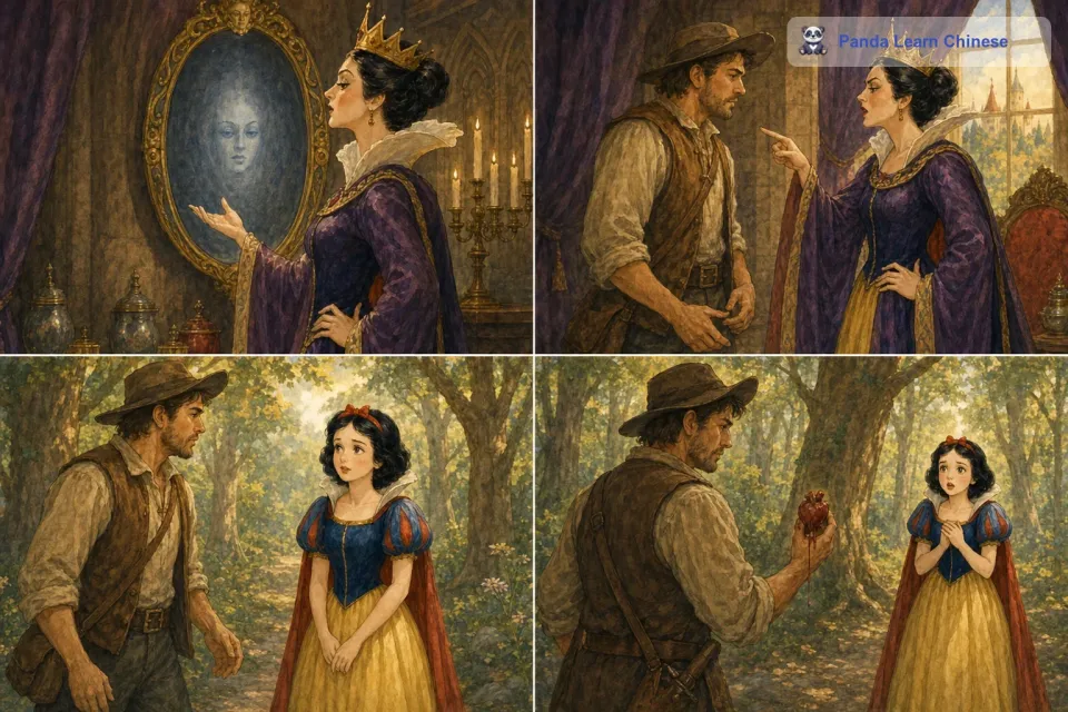 有一天，魔镜回答说：“王后，在这个世界上，白雪公主比您美丽一千倍。王后听了非常生气，她命令一个猎人把白雪公主带到森林里杀死，并把她的心脏带回来作为证据。