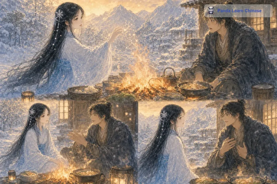 男子看到雪女的美丽容貌，惊讶得说不出话来。雪女轻轻地挥了挥手，周围的冰雪就变成了温暖的篝火和美味的食物。男子十分感激雪女，他向雪女讲述了自己的故事，他是一个善良勇敢的人，因为出来寻找珍贵的草药才不小心迷路的。