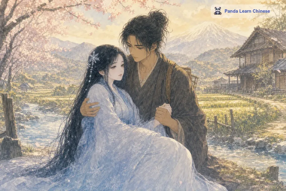 冬天快要结束了，天气渐渐变暖。雪女知道自己不能再留在男子身边，她的身体变得越来越虚弱。男子看着雪女痛苦的样子，心中十分难过。他想要带着雪女一起离开，去寻找一个既适合雪女生存，又能让他们在一起的地方。