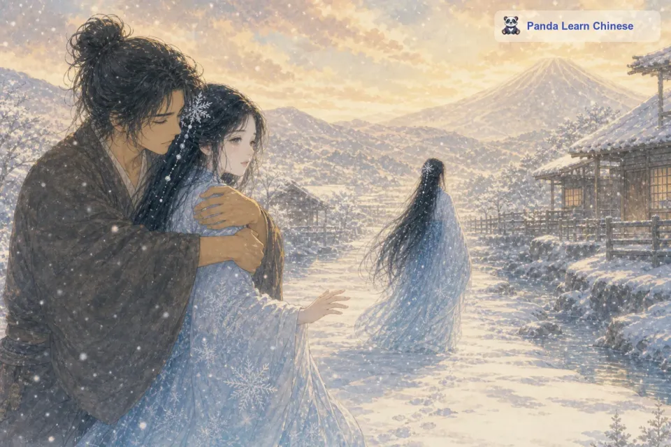 可是，雪女知道这是不可能的。她流着泪对男子说，他们必须分开。男子不愿意接受这个事实，他紧紧地抱住雪女，不想让她离开。最终，雪女还是狠下心来，挣脱了男子的怀抱。她慢慢地走进了雪中，随着她的身影越来越远，周围的冰雪又重新覆盖了她走过的地方。男子望着雪女消失的方向，久久不愿离去。