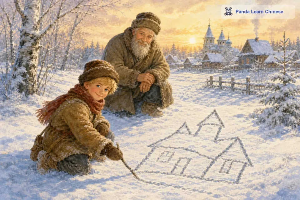 伊万在雪地上发现了一根合适的树枝，这就是他的画笔。他先用树枝在雪地上勾勒出简单的线条，一个大大的房子轮廓就出现了。这个房子有着尖尖的屋顶，就像童话故事里圣诞老人住的地方。