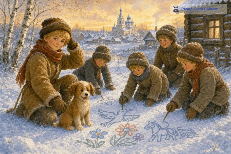伊万有点害羞地挠挠头，说：“我们一起画吧。于是，小朋友们纷纷拿起树枝，在雪地上开始创作起来。有的画了飞翔的小鸟，有的画了彩色的花朵（虽然在雪地里并没有真正的花朵，但在他们的想象中是存在的），还有的画了一个巨大的雪人。