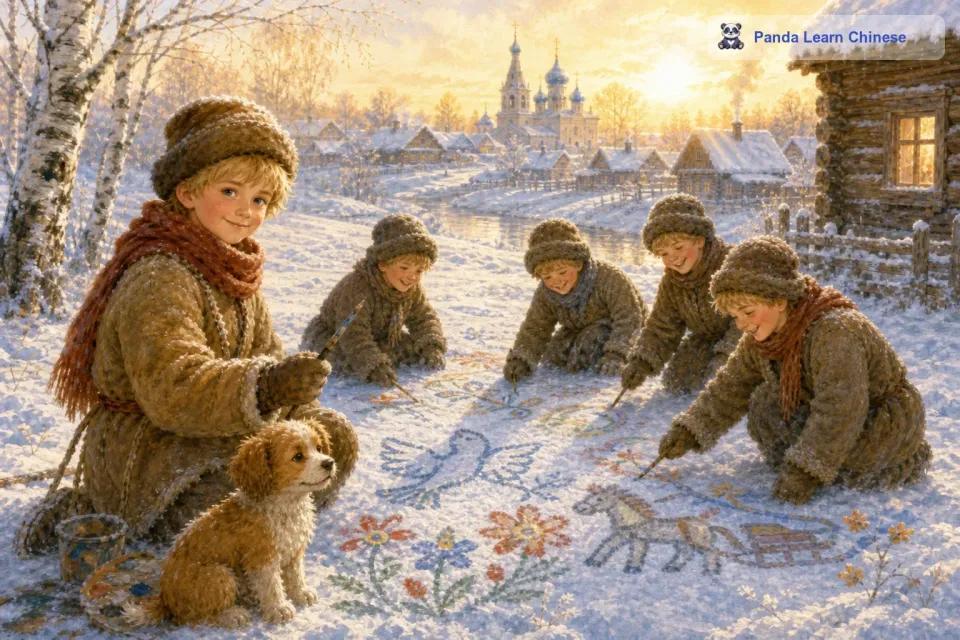 这片雪地瞬间变成了一个充满想象力和欢乐的艺术画廊，每一幅画都充满了孩子们的梦想和对生活的热爱。太阳渐渐升高，雪地上的画在阳光的照耀下闪烁着光芒，就像一个个珍贵的宝藏。而伊万和他的小伙伴们的笑声，也在这片雪地上回荡着，让这个寒冷的冬天变得无比温暖。