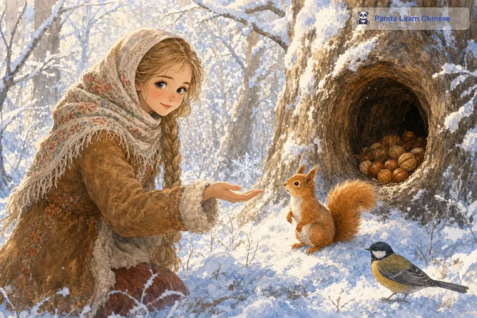 接着，雪花又飞到了森林里。森林里的小动物们正在为寻找食物而发愁。雪花落在了一只小松鼠的面前，小松鼠看到了雪花上的字，它知道有人在关心着它们。就在这时，它发现旁边的树洞里突然出现了一些坚果，就好像是上天送给它们的礼物一样。