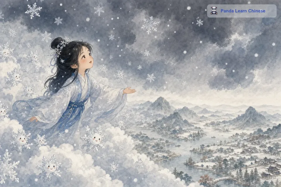在一个寒冷的冬日，小雪花诞生了。它在高高的云层之上，周围是无数和它一样晶莹剔透的小伙伴。天空灰蒙蒙的，仿佛一块巨大的灰色幕布，而小雪花们就像是幕布下即将登场的小演员。小雪花好奇地张望着四周，它看到远处的山峦连绵起伏，像是一个个沉睡的巨人。